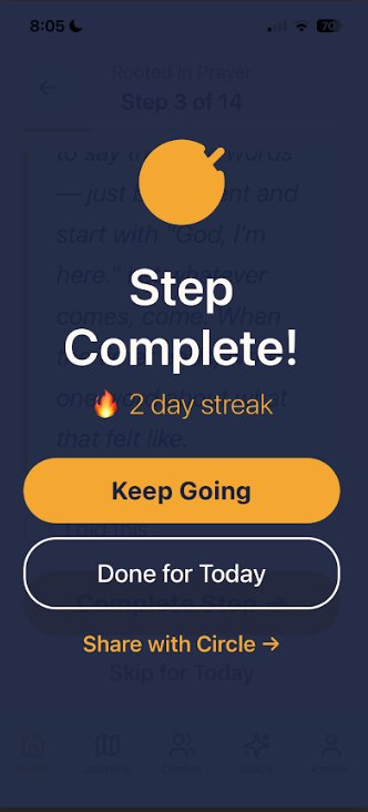 BecomingFaith step complete and streak screen